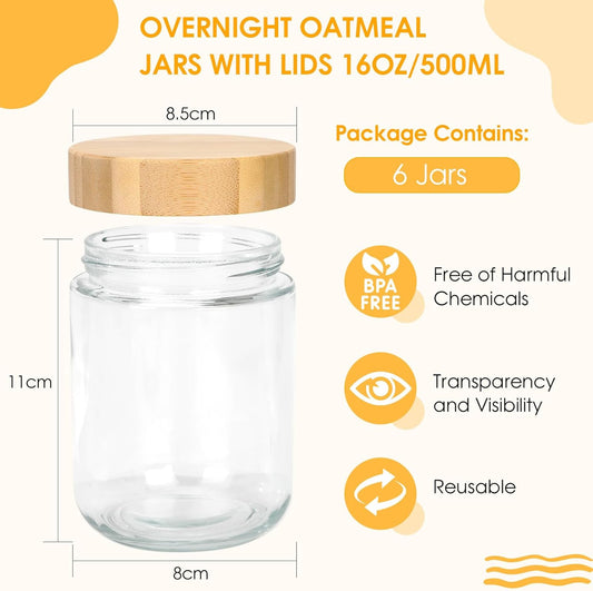6 Meal Prep Gläser - 500ml Overnight Oats Gläser mit Deckel, Einmachgläser mit Schraubdeckel, Multifunktional Meal Prep Glas Pudding Gläser für Marmelade,Salat,Milchshake,Mahlzeitenzubereitung