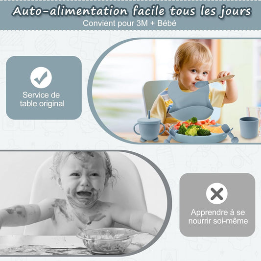 Baby Geschirrset,12er Set Kindergeschirr, Babylöffel,Trinklernbecher,Silikon Lätzchen,Baby Teller Kinderteller mit Saugnapf,Baby Led Weaning Besteck Set, BPA Frei,Spülmaschinen Und Mikrowellen Safe