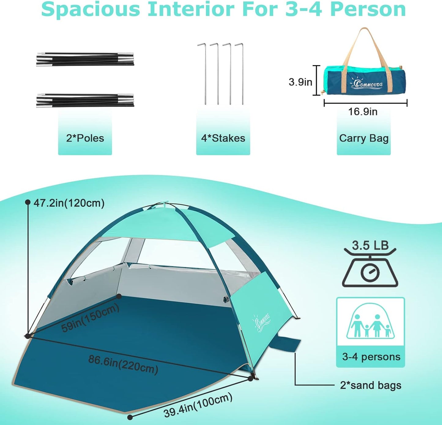 COMMOUDS Strandmuscheln für 3-4 Personen, Tragbarer Strandzelt mit UV-Schutz 50+, Familie Sonnenzelt Strand mit 3 Mesh Fenster, Schnelle Montage, Einfaches Tragen Schirm Strandmuschel für Outdoor