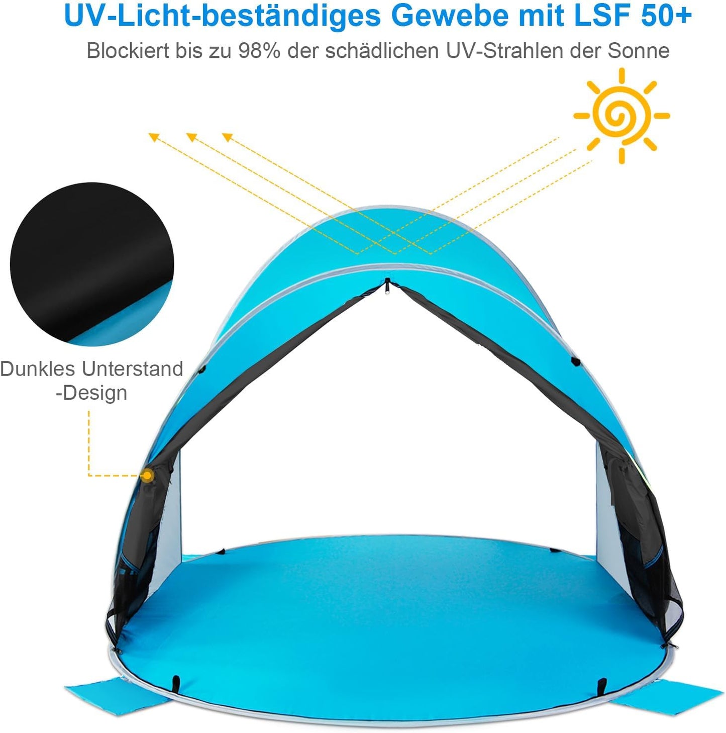WolfWise Strandmuschel Pop-Up Zelt mit UV-Schutz 50+, 3-4 Personen Strandzelt