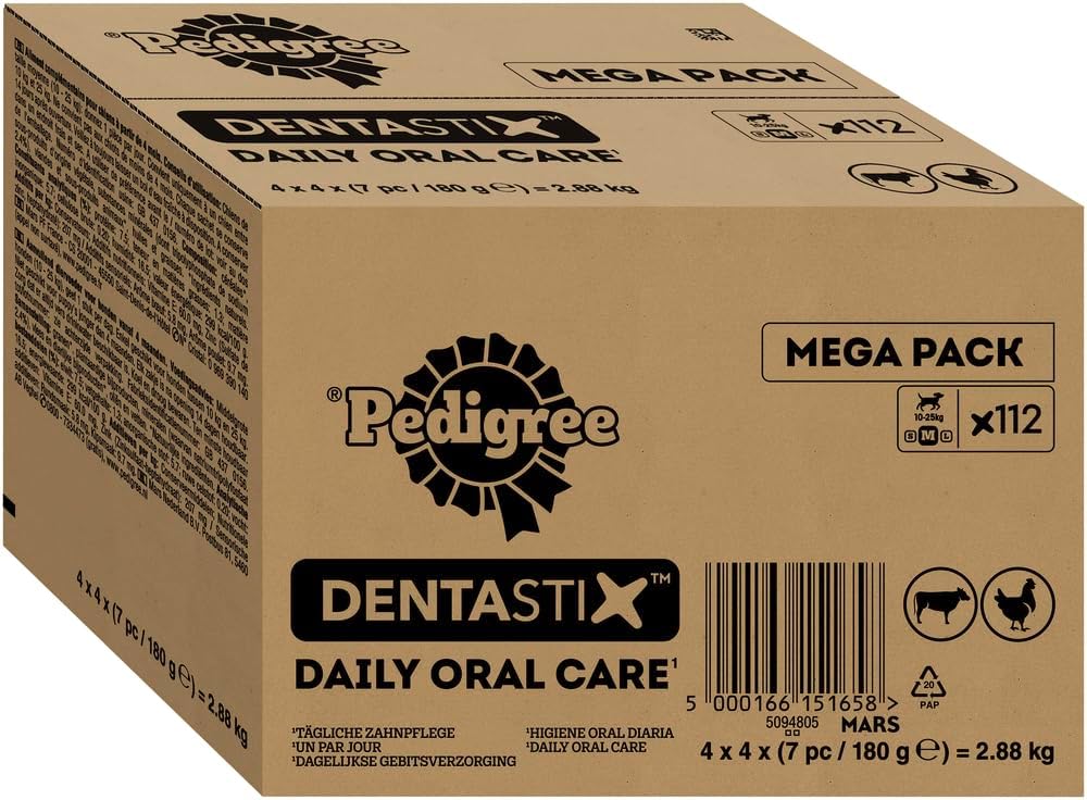 PEDIGREE DentaStix Zahnpflegesnack - 112 Stück - für große Hunde (+25kg) - Hundeleckerli mit Huhn– & Rindgeschmack für jeden Tag, Zahnpflege Hund für gesunde Zähne - 1 Großpackung