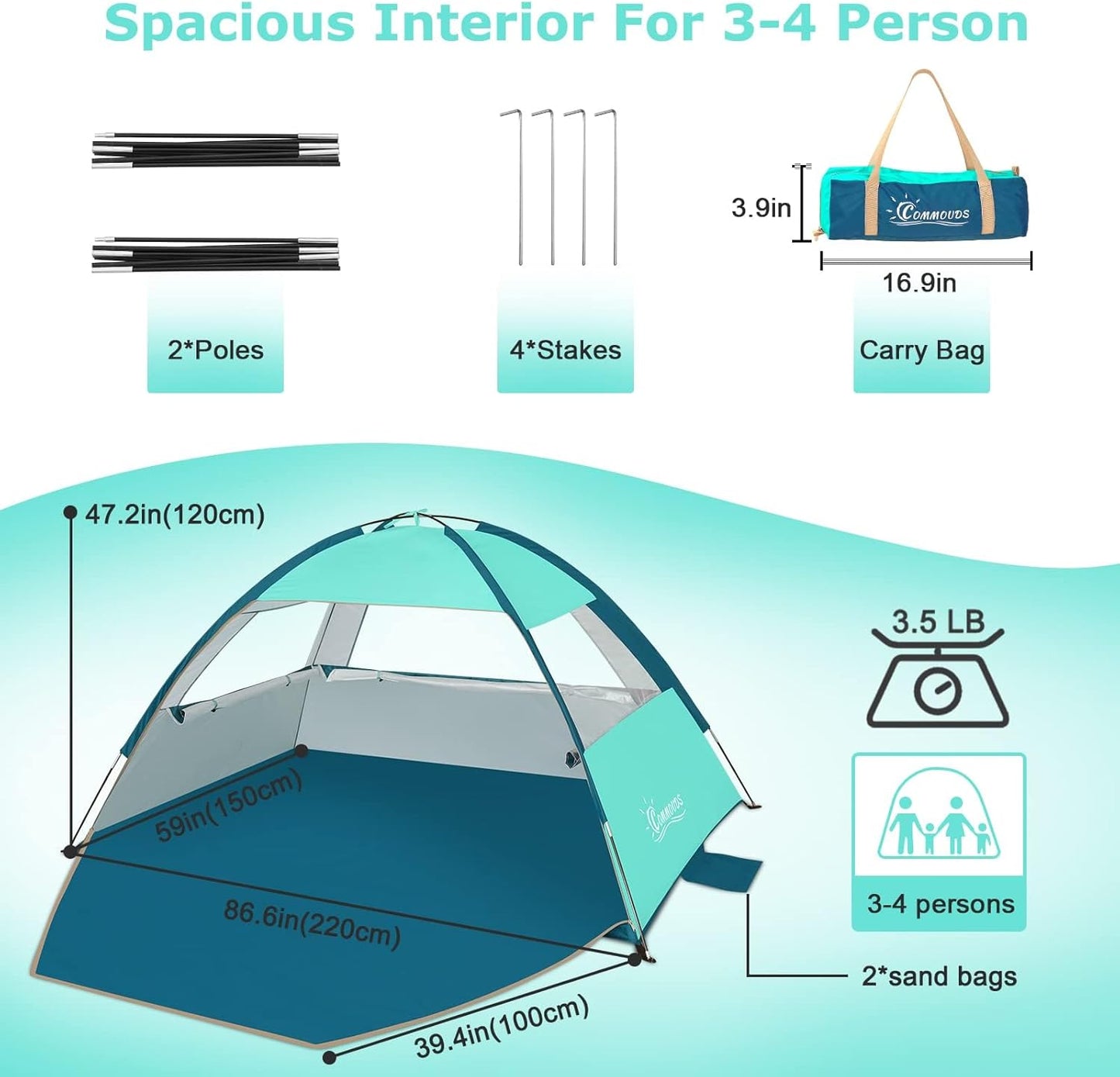 COMMOUDS Strandmuscheln für 3-4 Personen, Tragbarer Strandzelt mit UV-Schutz 50+, Familie Sonnenzelt Strand mit 3 Mesh Fenster, Schnelle Montage, Einfaches Tragen Schirm Strandmuschel für Outdoor