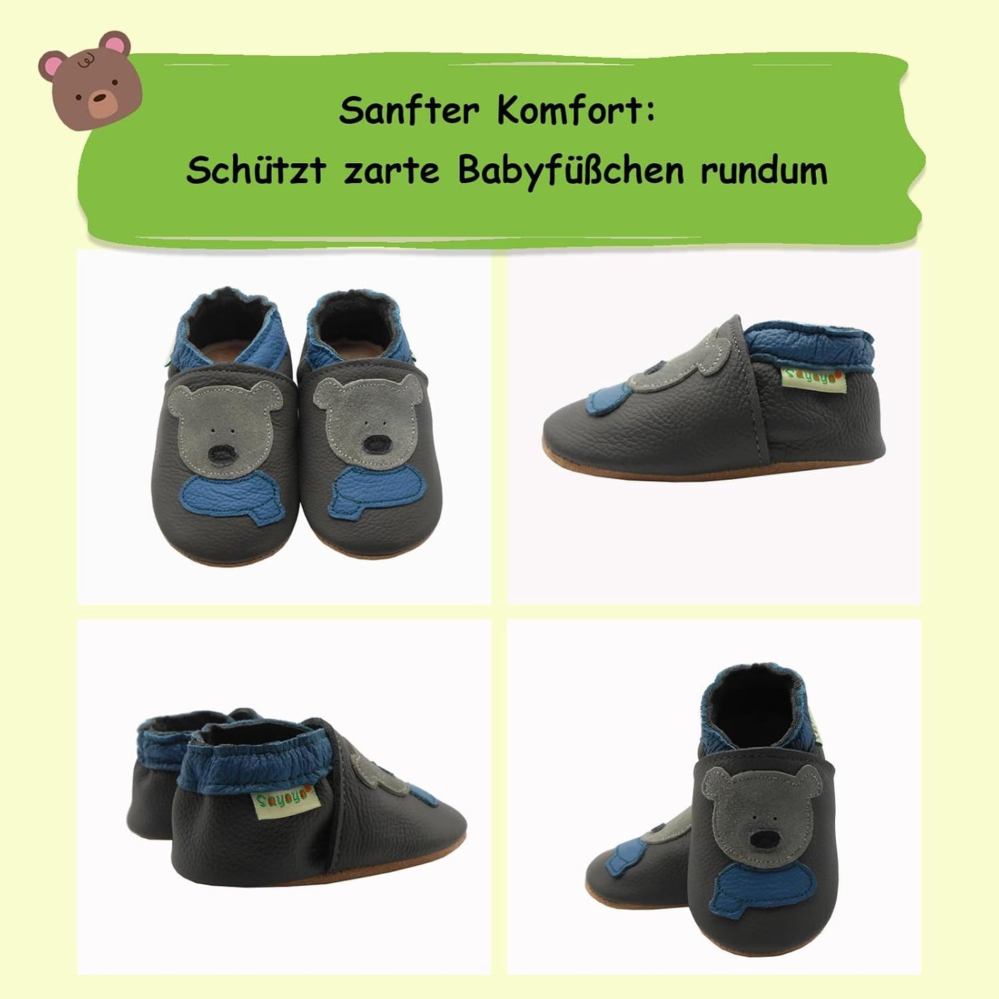 SAYOYO Weicher Leder Lauflernschuhe Krabbelschuhe Babyhausschuhe Kleinkind Lederschuhe Jungen und Mädchen, 21/22 (12-18) L Monate, Grau