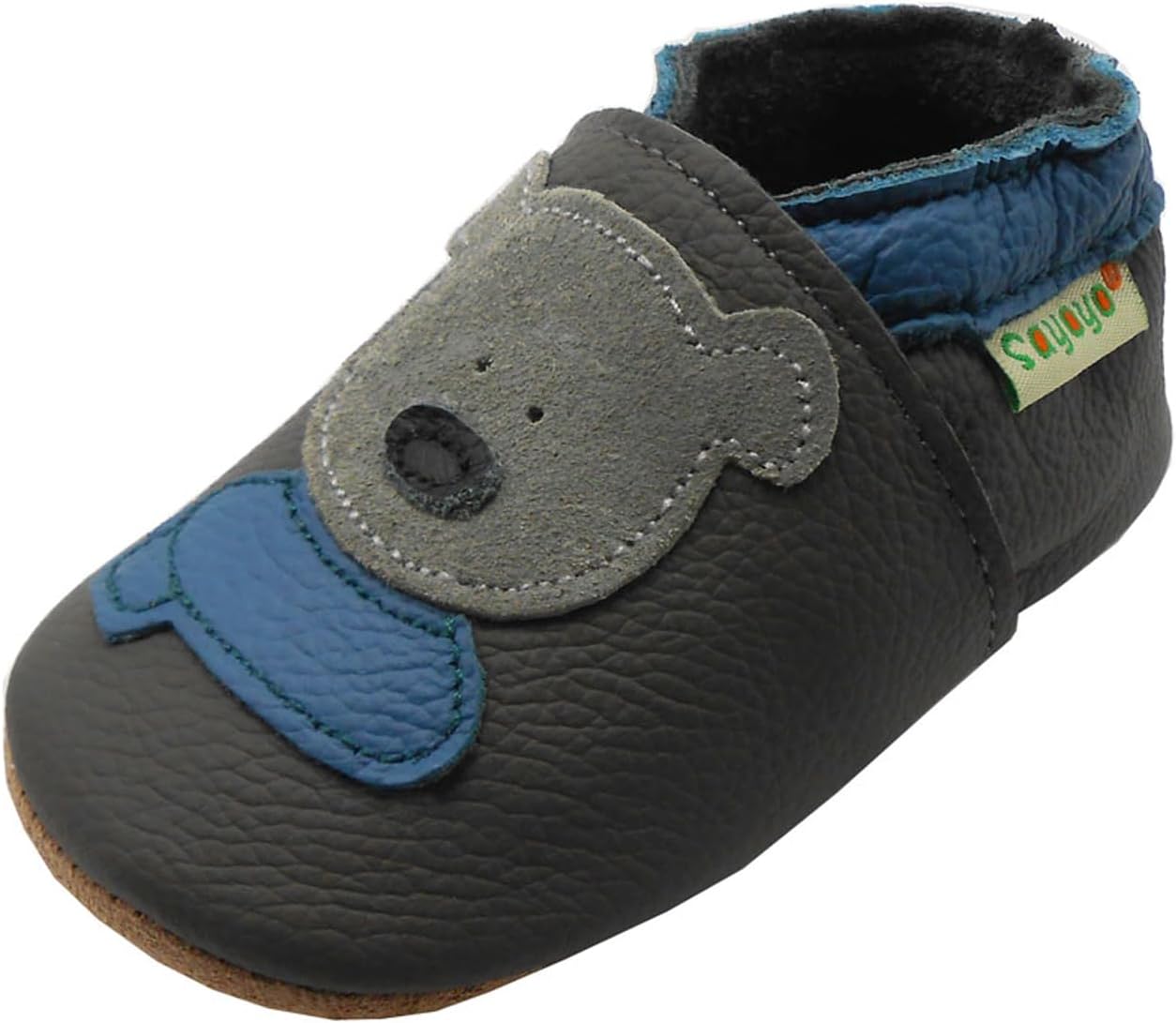 SAYOYO Weicher Leder Lauflernschuhe Krabbelschuhe Babyhausschuhe Kleinkind Lederschuhe Jungen und Mädchen, 21/22 (12-18) L Monate, Grau