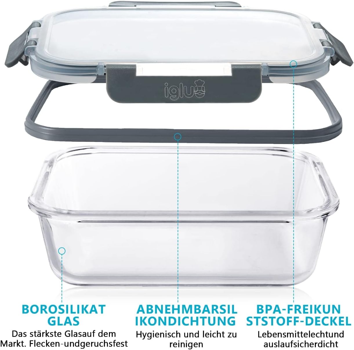 Igluu Meal Prep Glas Lebensmittel Frischhaltedosen 10 Stück, Lebensmittelbehälter mit Schnappverschluss & auslaufsichern Deckel Mikrowellen geeignet BPA frei (10 Boxen & 10 Deckel) 1050ml & 370ml