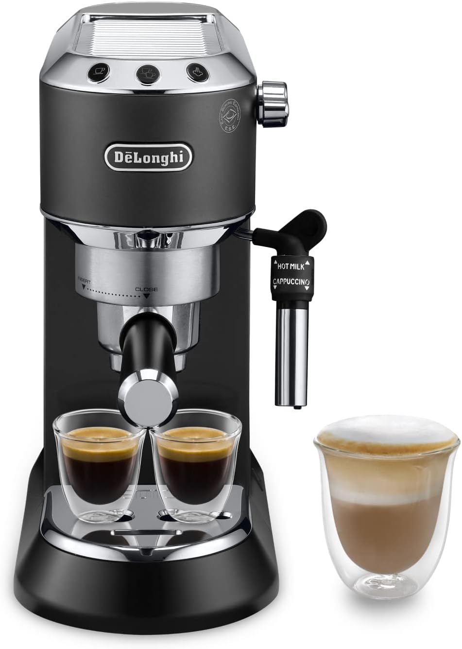 De'Longhi Dedica Style EC 685.B – Espresso Siebträgermaschine, Espressomaschine mit professionellem Milchaufschäumer, nur 15 cm breit, für Kaffeepulver oder ESE Pads, 1 l Wassertank, schwarz