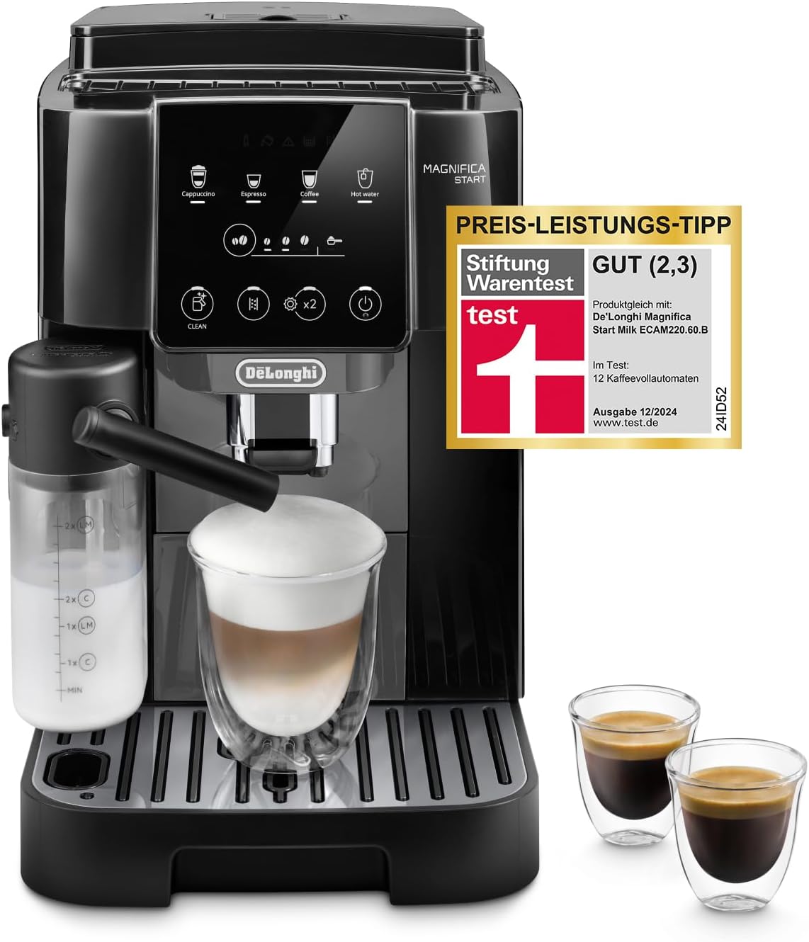 De'Longhi Magnifica Start ECAM222.60.BG, Kaffeevollautomat mit LatteCrema-Milchsystem für Automatischen Cappuccino, 4-Direktwahl-Tasten, Soft-Touch-Bedienfeld, "x2"-Funktion, 1450W, Schwarz/Grau