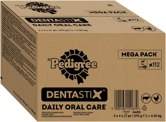 PEDIGREE DentaStix Zahnpflegesnack - 112 Stück - für große Hunde (+25kg) - Hundeleckerli mit Huhn– & Rindgeschmack für jeden Tag, Zahnpflege Hund für gesunde Zähne - 1 Großpackung