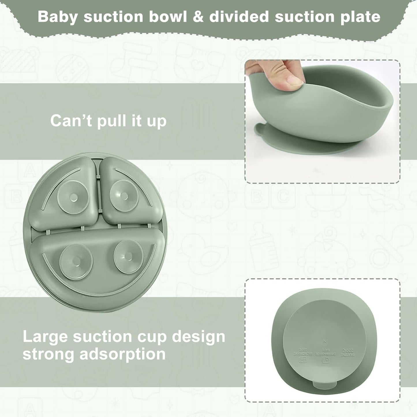 Baby Geschirrset,12er Set Kindergeschirr, Babylöffel,Trinklernbecher,Silikon Lätzchen,Baby Teller Kinderteller mit Saugnapf,Baby Led Weaning Besteck Set, BPA Frei,Spülmaschinen Und Mikrowellen Safe