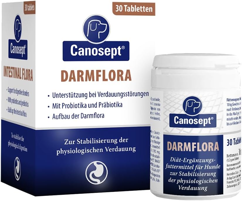 Canosept Darmflora Hund - Präbiotika & Probiotika Hund - Unterstützt bei Verdauungsstörungen - Hund Darmflora Aufbauen - Darmsarnierung Hund - Hund Verdauung fördern durch Darmkur Hund - 30 Tabletten