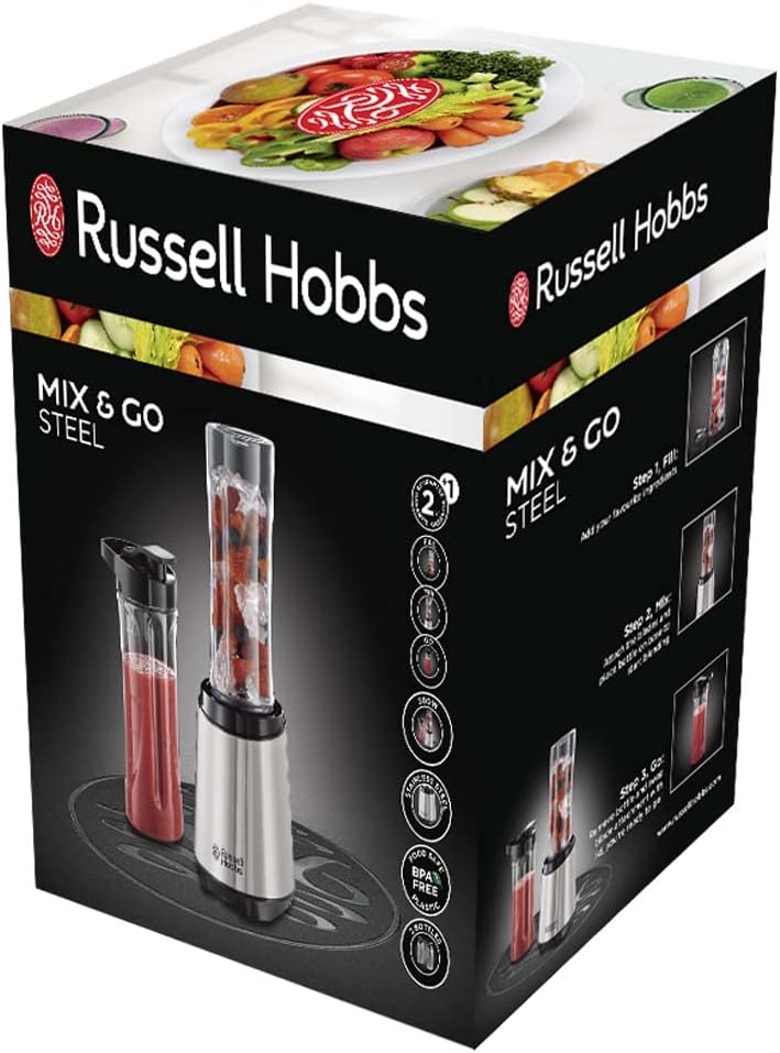 Russell Hobbs Mixer - Standmixer & Smoothie Maker to go [23.500 U/min Power-Motor] inkl. 2x Mixbehälter 600ml (BPA-frei, spülmaschinen- & bruchfest inkl. Deckel) Zerkleinerer, Edelstahl, 23470-56