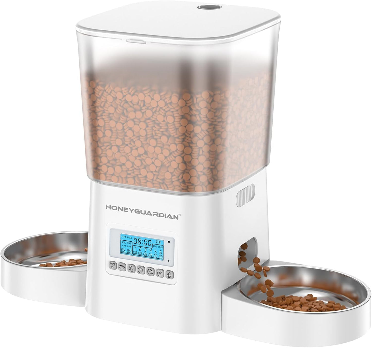 HoneyGuaridan Automatic Cat Feeders for 2 Cats, 3.5L Cat Food Dispenser with Double Bowls,Two Way Splitter Timed Cat Feeder for Dry Food, Programmable 1-6 Meals Control, Dual Power Supply, 10s Call