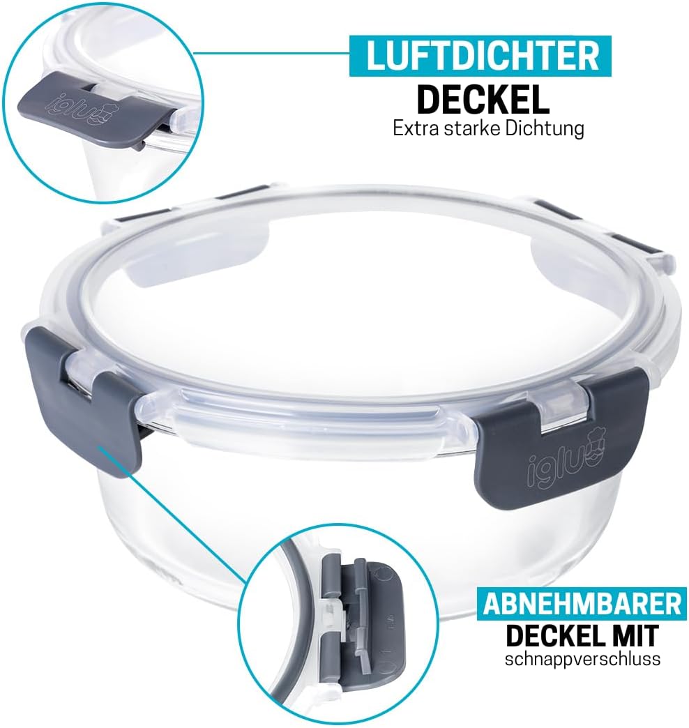 Igluu Meal Prep Glas Lebensmittel Frischhaltedosen 10 Stück, Lebensmittelbehälter mit Schnappverschluss & auslaufsichern Deckel Mikrowellen geeignet BPA frei (10 Boxen & 10 Deckel) 1050ml & 370ml