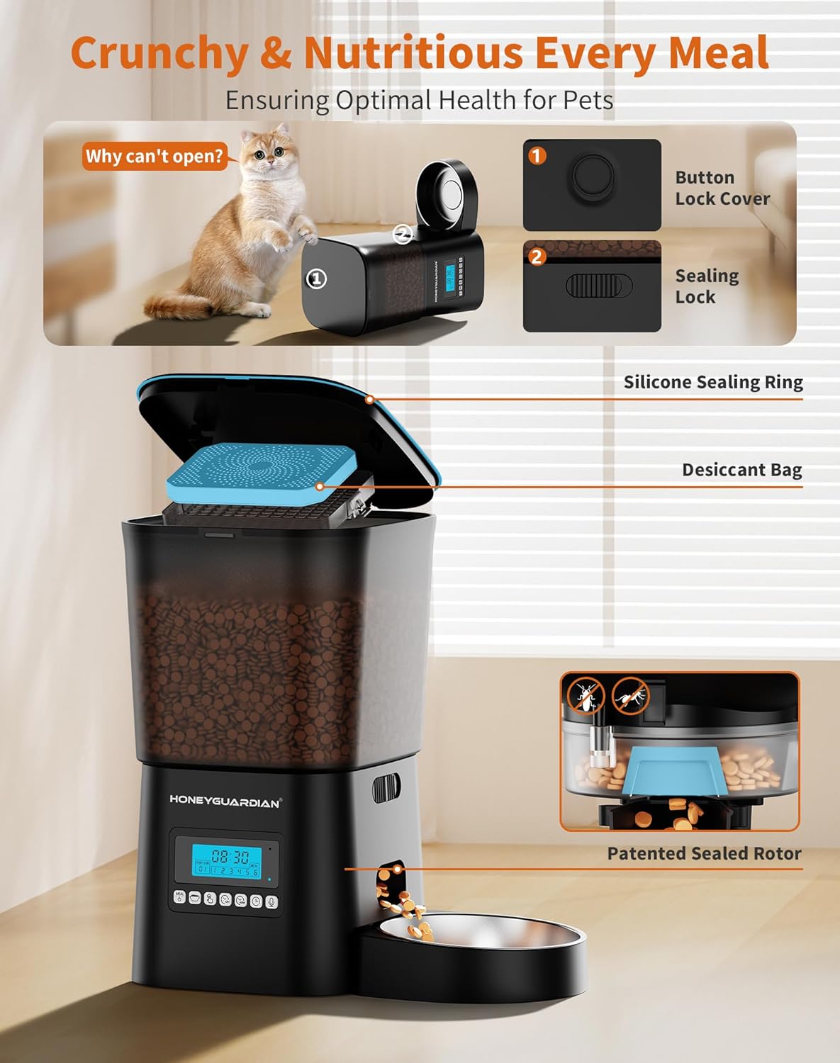 HoneyGuaridan Automatic Cat Feeders for 2 Cats, 3.5L Cat Food Dispenser with Double Bowls,Two Way Splitter Timed Cat Feeder for Dry Food, Programmable 1-6 Meals Control, Dual Power Supply, 10s Call