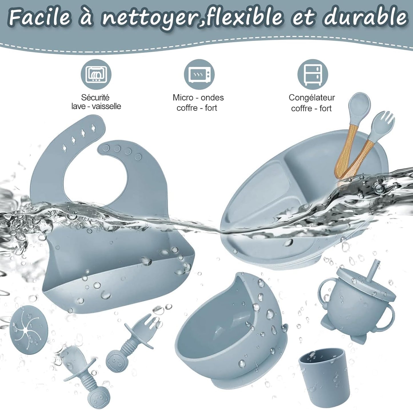 Baby Geschirrset,12er Set Kindergeschirr, Babylöffel,Trinklernbecher,Silikon Lätzchen,Baby Teller Kinderteller mit Saugnapf,Baby Led Weaning Besteck Set, BPA Frei,Spülmaschinen Und Mikrowellen Safe