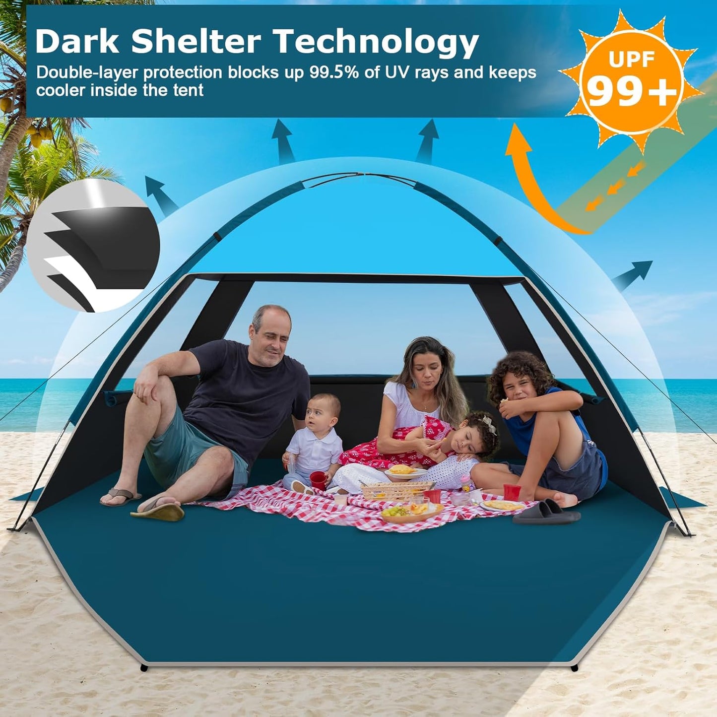 COMMOUDS Strandmuscheln für 3-4 Personen, Tragbarer Strandzelt mit UV-Schutz 50+, Familie Sonnenzelt Strand mit 3 Mesh Fenster, Schnelle Montage, Einfaches Tragen Schirm Strandmuschel für Outdoor