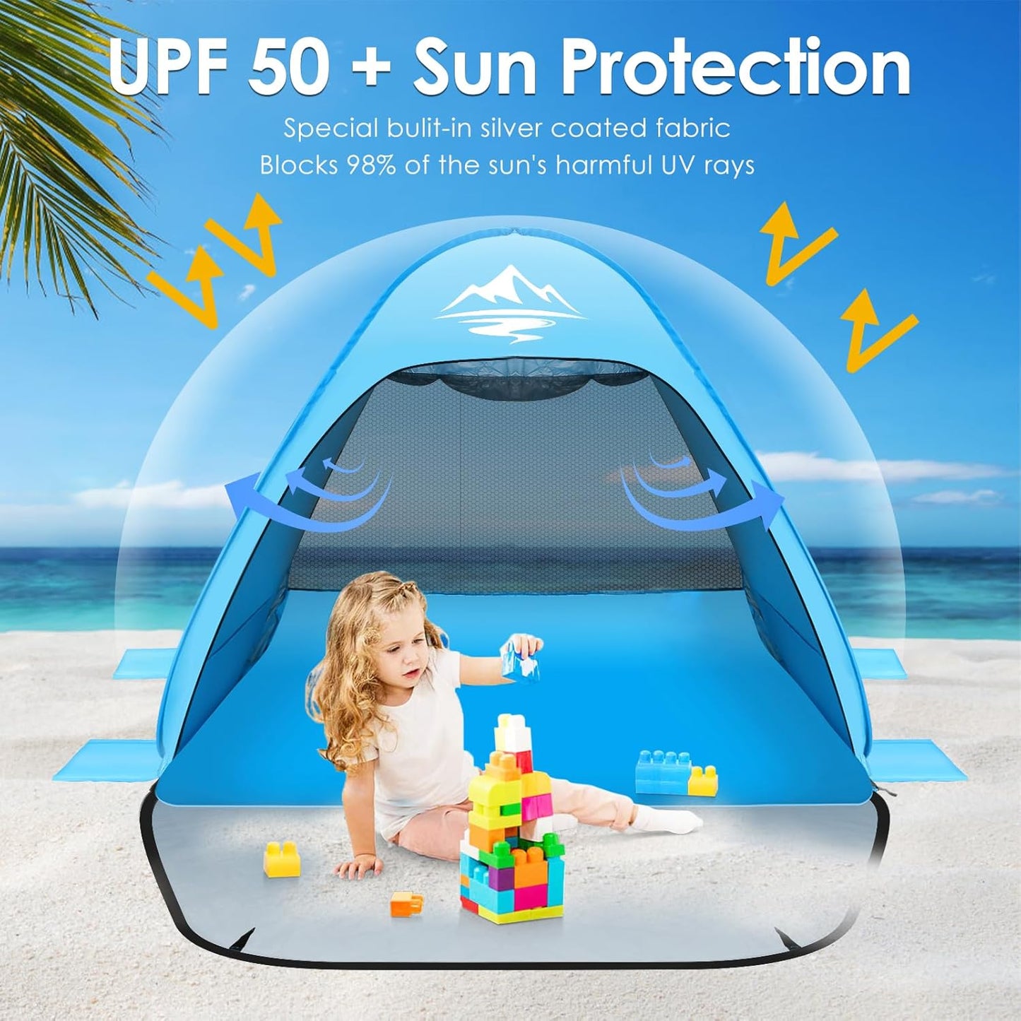 Strandmuschel Pop Up Strandzelt, Tragbare Strandmuschel für 1-2 Personen, UV-Schutz 50+, Windschutz, Campingzelt mit kleinem Packmaß, ideal für Familienstrand, inklusive Tragetasche