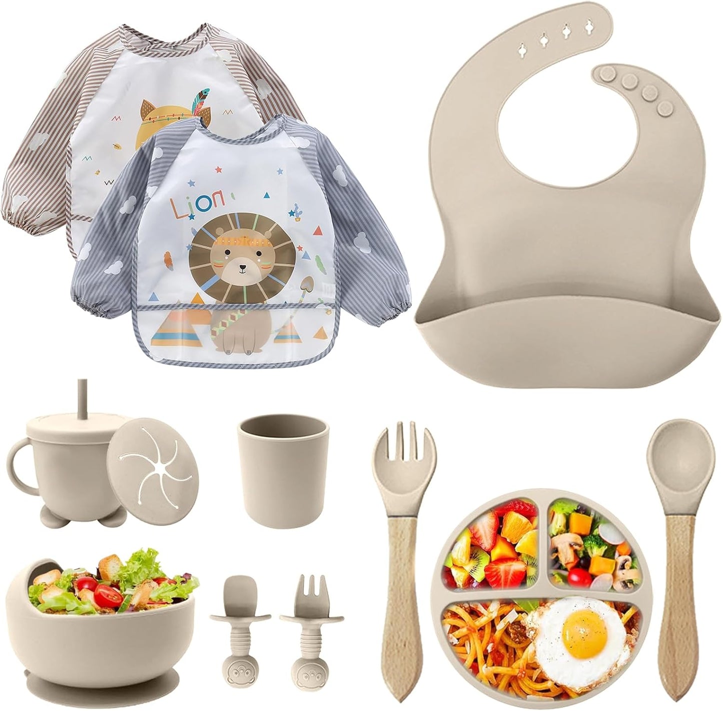 Baby Geschirrset,12er Set Kindergeschirr, Babylöffel,Trinklernbecher,Silikon Lätzchen,Baby Teller Kinderteller mit Saugnapf,Baby Led Weaning Besteck Set, BPA Frei,Spülmaschinen Und Mikrowellen Safe