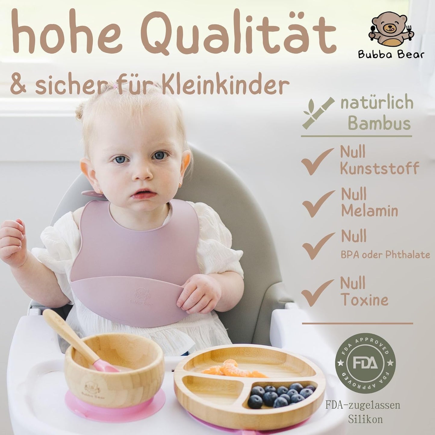 Kindergeschirr-Set | Kinderteller mit Saugnapf | Geschirrset für Kleinkinder | Unterteilter Babyteller | Bambus Babygeschirr mit Löffel fürs Essen und Füttern | Baby Teller