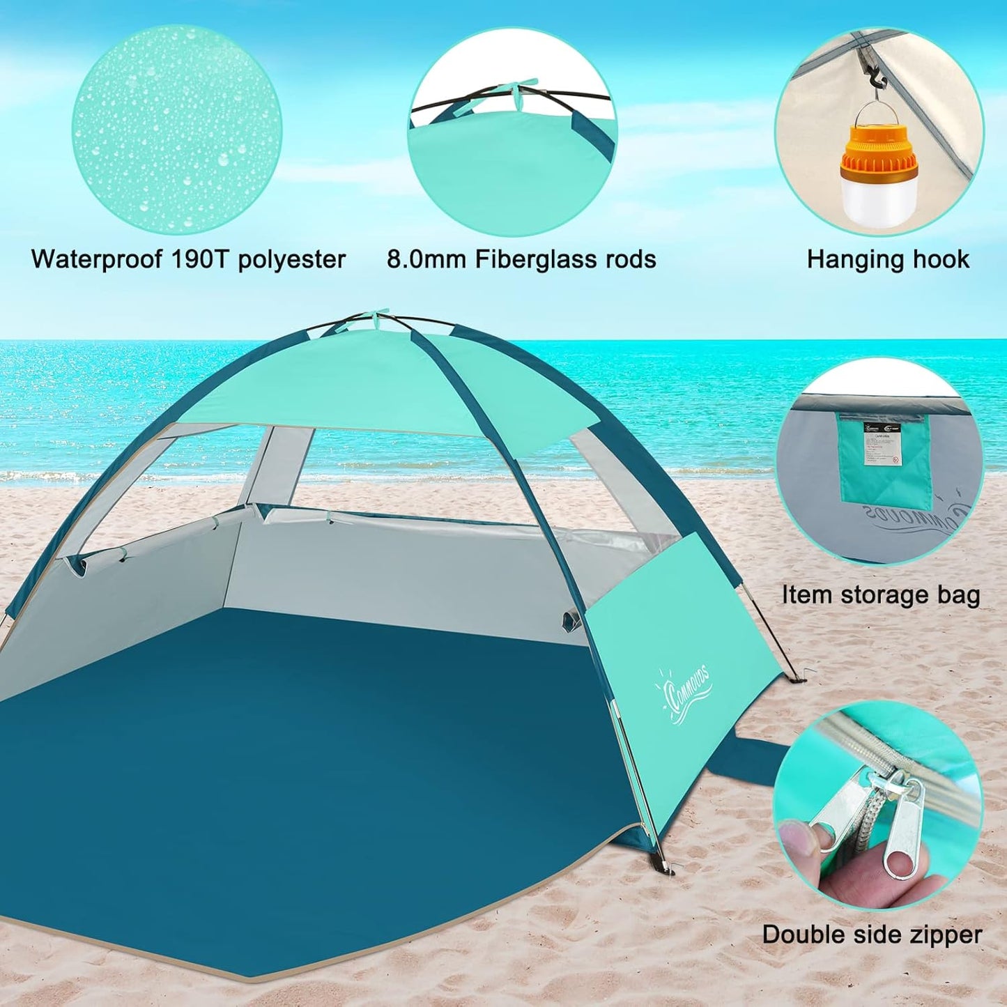 COMMOUDS Strandmuscheln für 3-4 Personen, Tragbarer Strandzelt mit UV-Schutz 50+, Familie Sonnenzelt Strand mit 3 Mesh Fenster, Schnelle Montage, Einfaches Tragen Schirm Strandmuschel für Outdoor