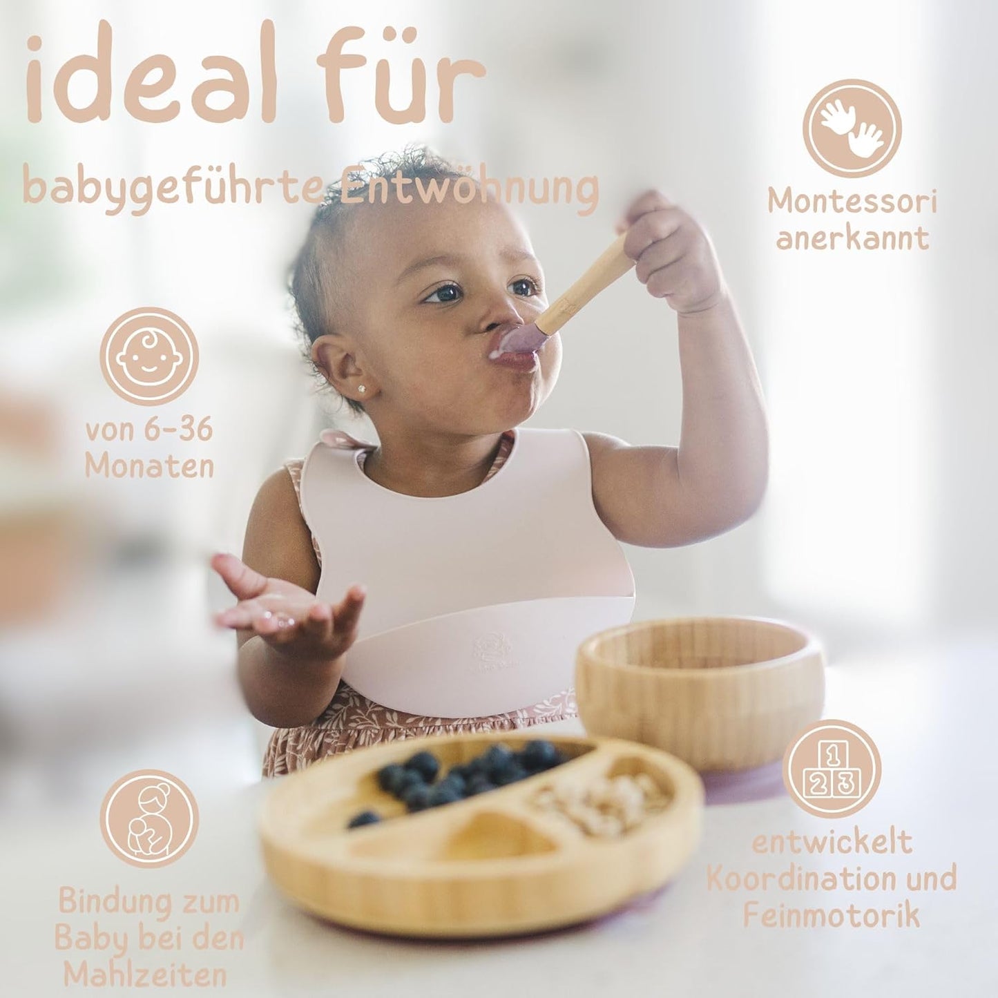 Kindergeschirr-Set | Kinderteller mit Saugnapf | Geschirrset für Kleinkinder | Unterteilter Babyteller | Bambus Babygeschirr mit Löffel fürs Essen und Füttern | Baby Teller