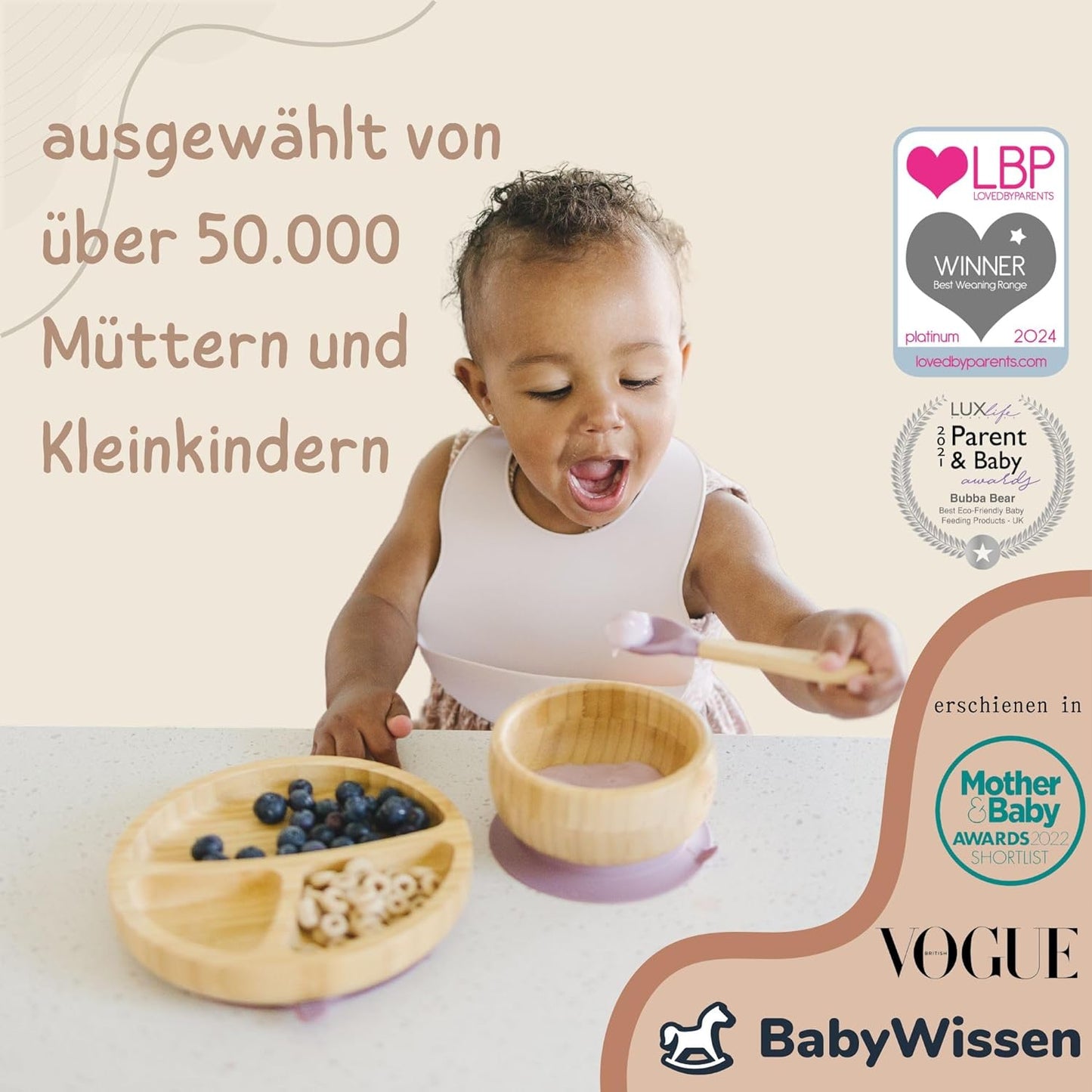 Kindergeschirr-Set | Kinderteller mit Saugnapf | Geschirrset für Kleinkinder | Unterteilter Babyteller | Bambus Babygeschirr mit Löffel fürs Essen und Füttern | Baby Teller