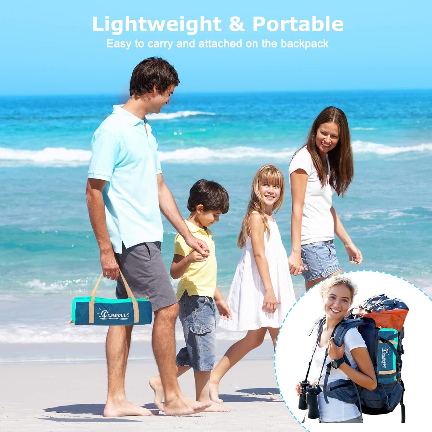 COMMOUDS Strandmuscheln für 3-4 Personen, Tragbarer Strandzelt mit UV-Schutz 50+, Familie Sonnenzelt Strand mit 3 Mesh Fenster, Schnelle Montage, Einfaches Tragen Schirm Strandmuschel für Outdoor