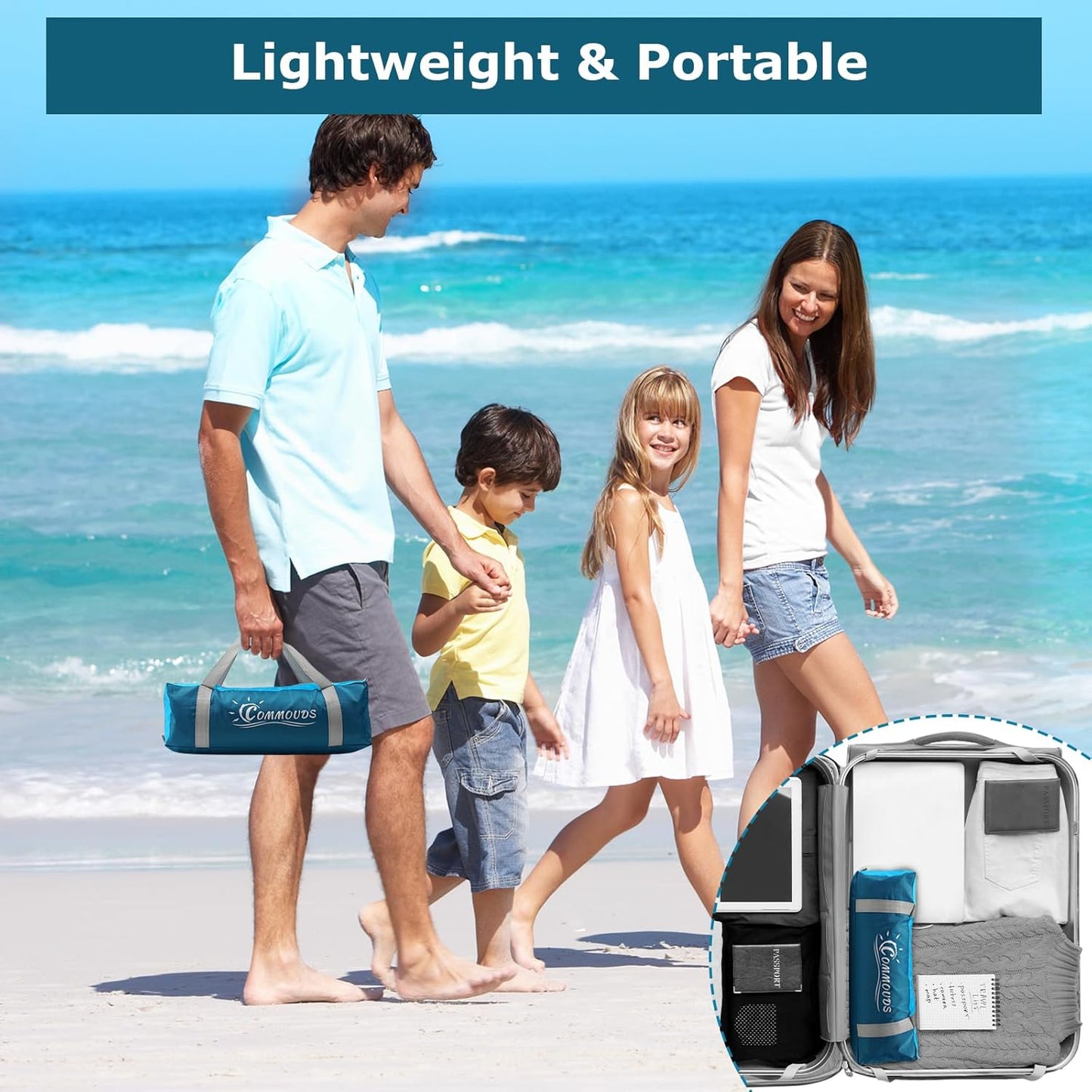 COMMOUDS Strandmuscheln für 3-4 Personen, Tragbarer Strandzelt mit UV-Schutz 50+, Familie Sonnenzelt Strand mit 3 Mesh Fenster, Schnelle Montage, Einfaches Tragen Schirm Strandmuschel für Outdoor