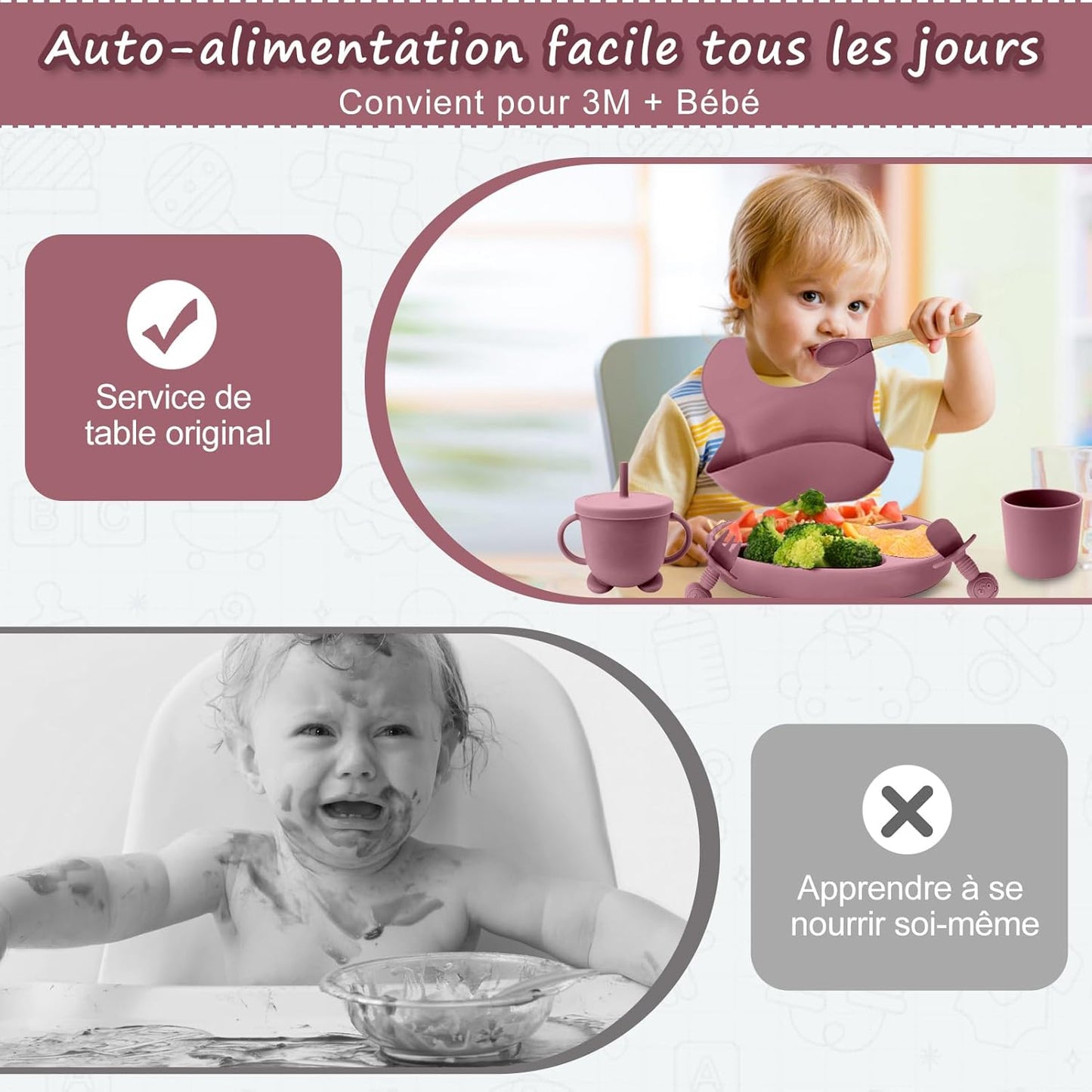 Baby Geschirrset,12er Set Kindergeschirr, Babylöffel,Trinklernbecher,Silikon Lätzchen,Baby Teller Kinderteller mit Saugnapf,Baby Led Weaning Besteck Set, BPA Frei,Spülmaschinen Und Mikrowellen Safe