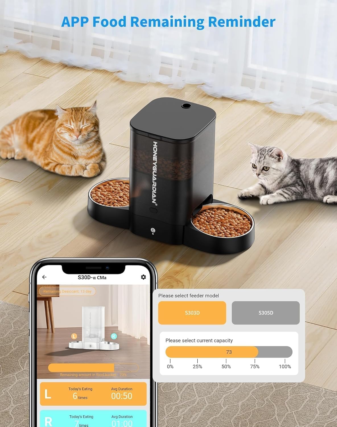 HoneyGuaridan Automatic Cat Feeders for 2 Cats, 3.5L Cat Food Dispenser with Double Bowls,Two Way Splitter Timed Cat Feeder for Dry Food, Programmable 1-6 Meals Control, Dual Power Supply, 10s Call