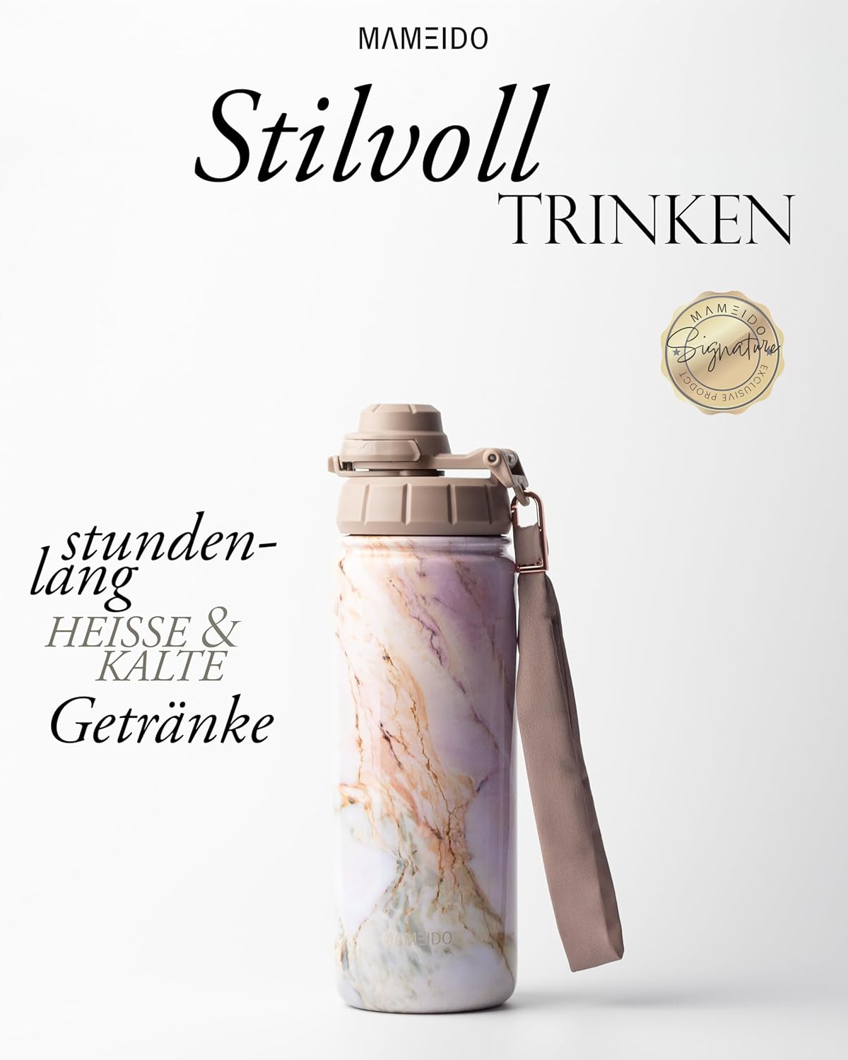 Thermosflasche mit Strohhalm 700ml, auslaufsichere Trinkflasche Edelstahl isoliert, Wasserflasche mit Trageschlaufe, Isolierflasche BPA-frei (Taupe Grey, 0,7l)