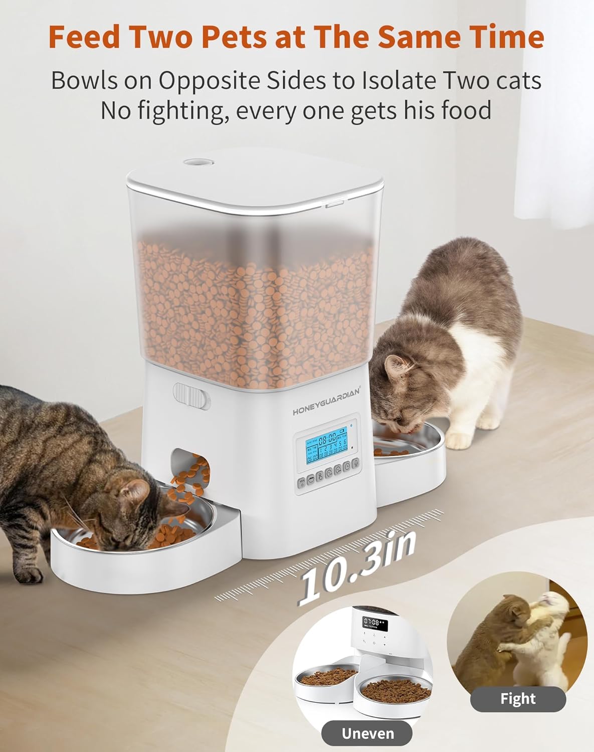 HoneyGuaridan Automatic Cat Feeders for 2 Cats, 3.5L Cat Food Dispenser with Double Bowls,Two Way Splitter Timed Cat Feeder for Dry Food, Programmable 1-6 Meals Control, Dual Power Supply, 10s Call