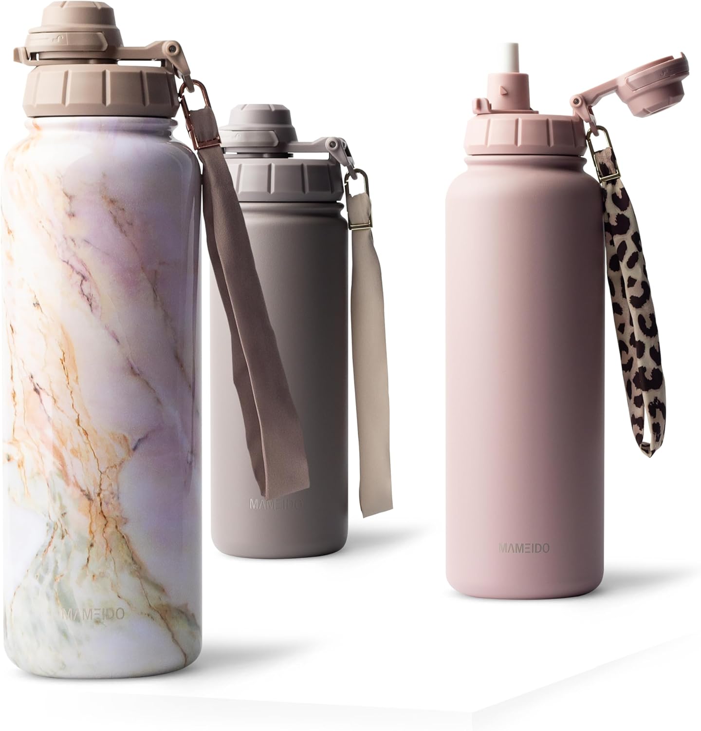 Thermosflasche mit Strohhalm 700ml, auslaufsichere Trinkflasche Edelstahl isoliert, Wasserflasche mit Trageschlaufe, Isolierflasche BPA-frei (Taupe Grey, 0,7l)