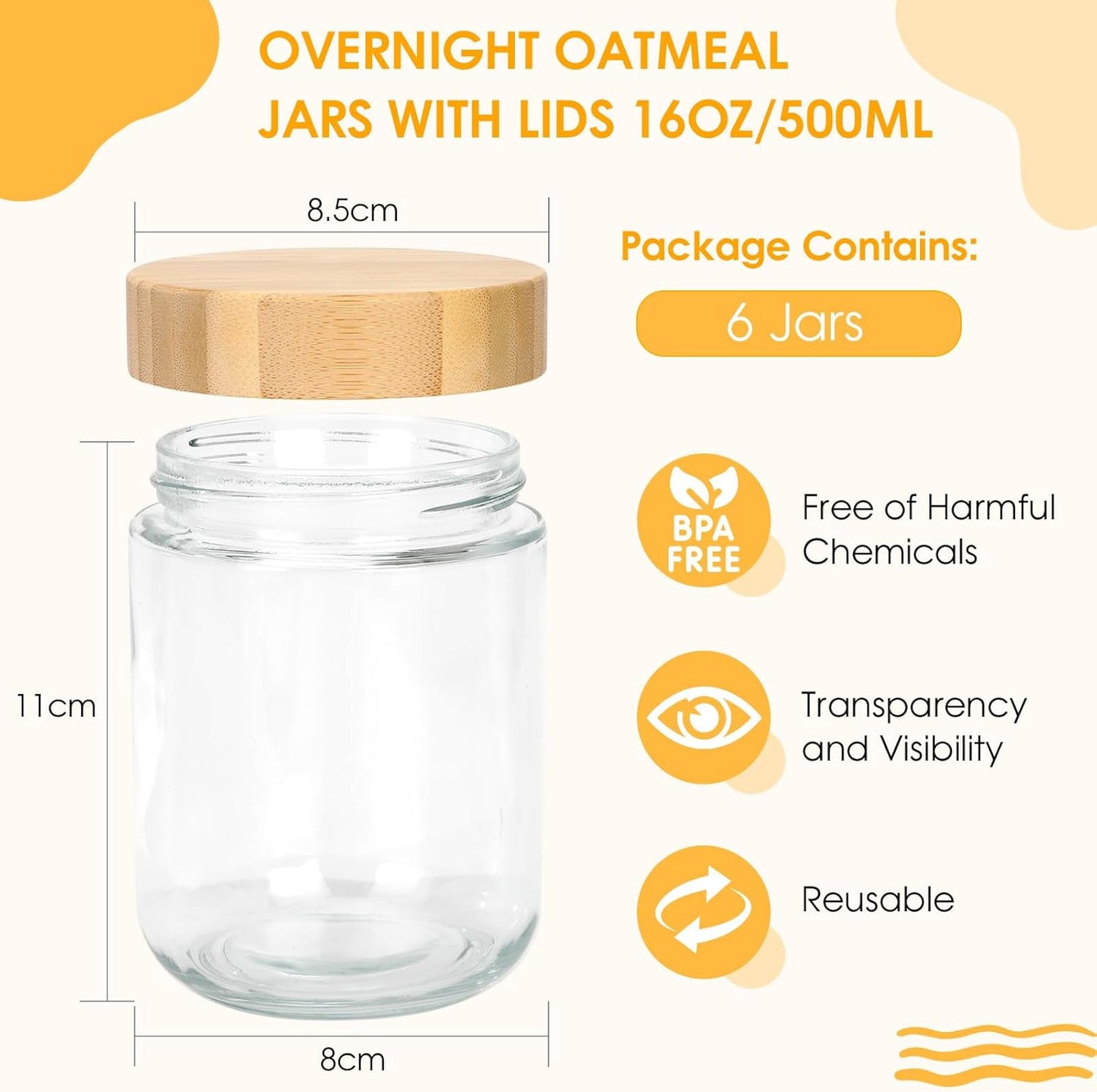 6 Meal Prep Gläser - 500ml Overnight Oats Gläser mit Deckel, Einmachgläser mit Schraubdeckel, Multifunktional Meal Prep Glas Pudding Gläser für Marmelade,Salat,Milchshake,Mahlzeitenzubereitung