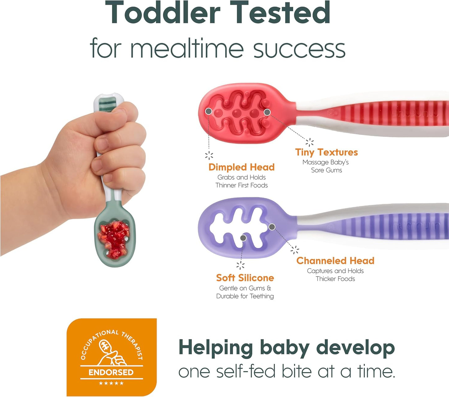 NumNum Baby Löffel 2er-Set, Silikon Esslernlöffel für Baby ab 6 Monate - BPA-frei - Lernlöffel und Breilöffel für BLW und Beikost Zubehör - Ideales Esslernbesteck - Blau/Orange