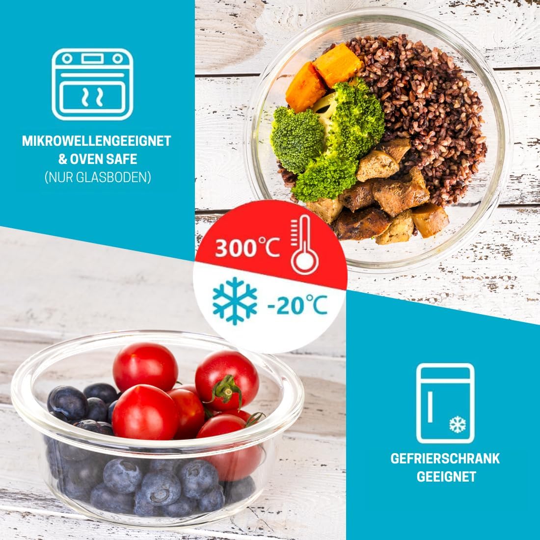 Igluu Meal Prep Glas Lebensmittel Frischhaltedosen 10 Stück, Lebensmittelbehälter mit Schnappverschluss & auslaufsichern Deckel Mikrowellen geeignet BPA frei (10 Boxen & 10 Deckel) 1050ml & 370ml