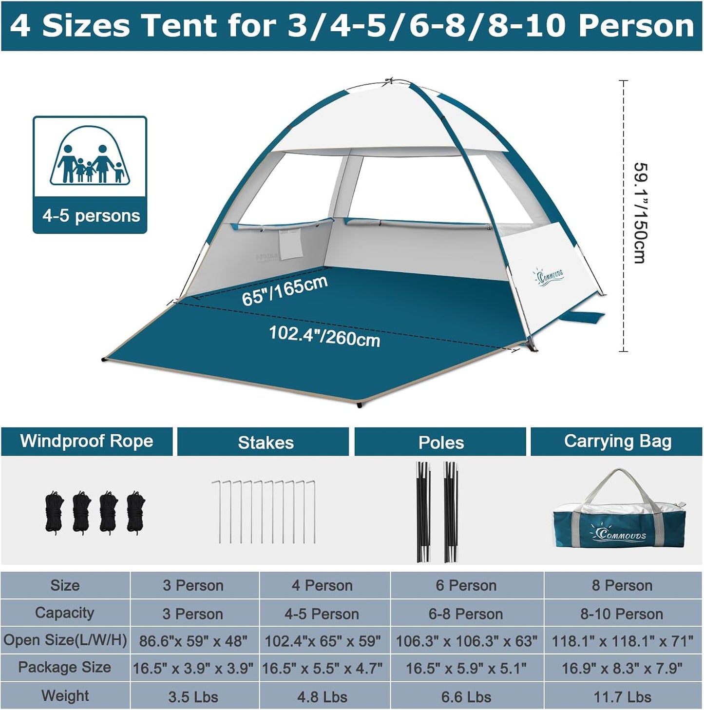 COMMOUDS Strandmuscheln für 3-4 Personen, Tragbarer Strandzelt mit UV-Schutz 50+, Familie Sonnenzelt Strand mit 3 Mesh Fenster, Schnelle Montage, Einfaches Tragen Schirm Strandmuschel für Outdoor