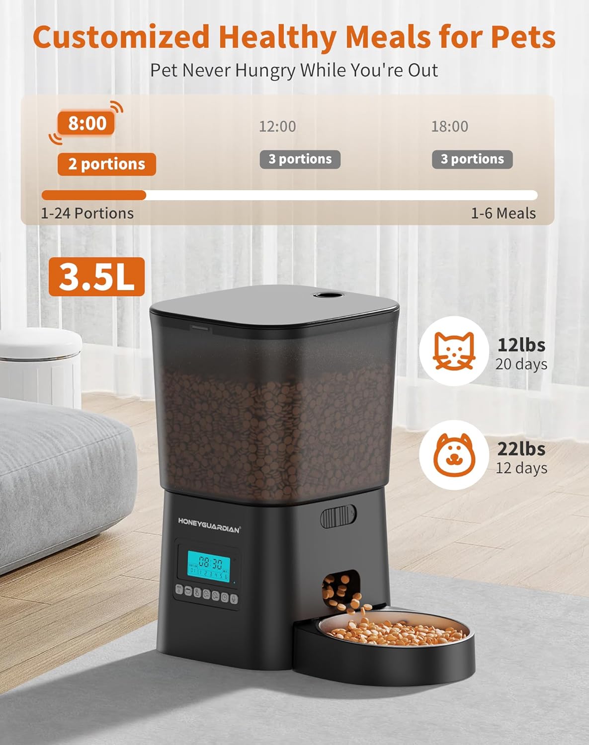 HoneyGuaridan Automatic Cat Feeders for 2 Cats, 3.5L Cat Food Dispenser with Double Bowls,Two Way Splitter Timed Cat Feeder for Dry Food, Programmable 1-6 Meals Control, Dual Power Supply, 10s Call