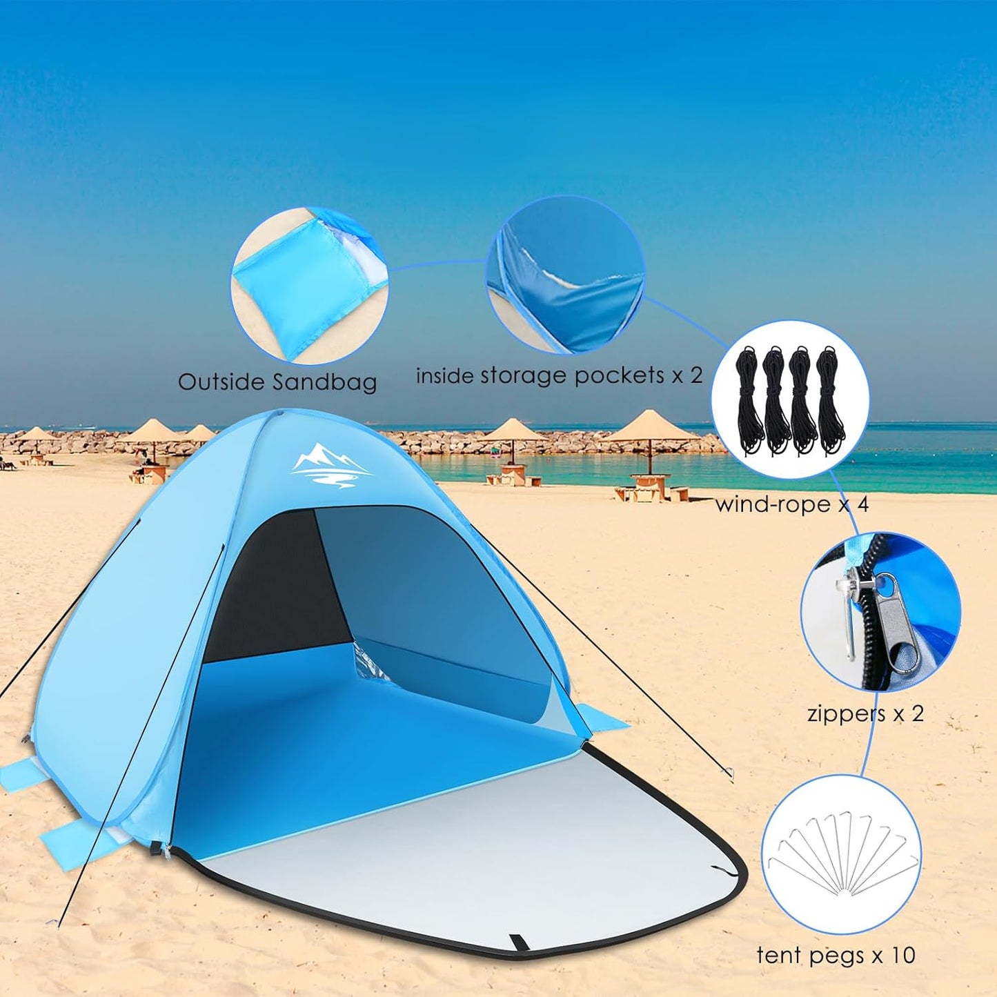 Strandmuschel Pop Up Strandzelt, Tragbare Strandmuschel für 1-2 Personen, UV-Schutz 50+, Windschutz, Campingzelt mit kleinem Packmaß, ideal für Familienstrand, inklusive Tragetasche