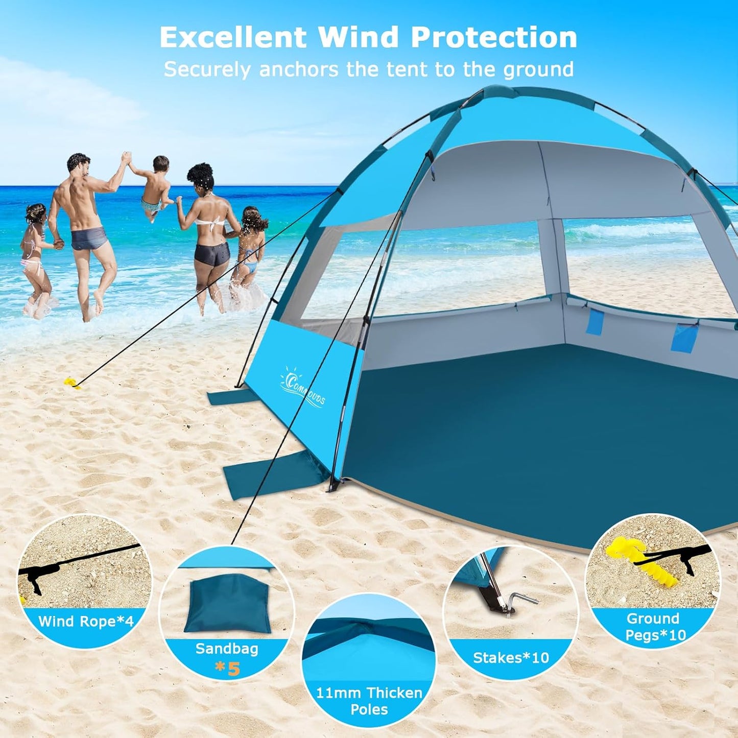 COMMOUDS Strandmuscheln für 3-4 Personen, Tragbarer Strandzelt mit UV-Schutz 50+, Familie Sonnenzelt Strand mit 3 Mesh Fenster, Schnelle Montage, Einfaches Tragen Schirm Strandmuschel für Outdoor