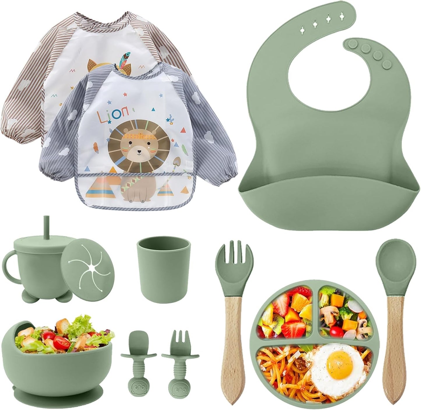 Baby Geschirrset,12er Set Kindergeschirr, Babylöffel,Trinklernbecher,Silikon Lätzchen,Baby Teller Kinderteller mit Saugnapf,Baby Led Weaning Besteck Set, BPA Frei,Spülmaschinen Und Mikrowellen Safe