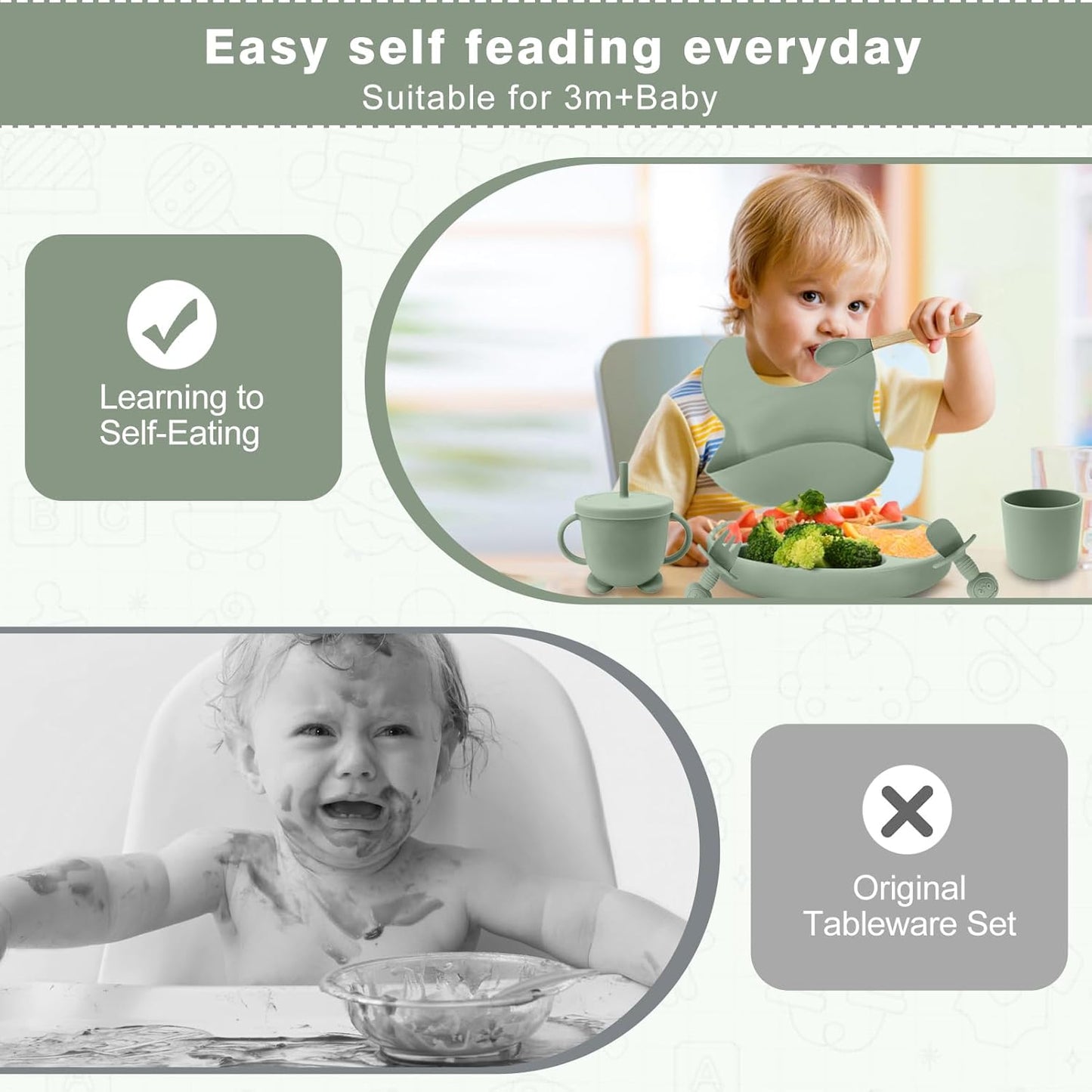 Baby Geschirrset,12er Set Kindergeschirr, Babylöffel,Trinklernbecher,Silikon Lätzchen,Baby Teller Kinderteller mit Saugnapf,Baby Led Weaning Besteck Set, BPA Frei,Spülmaschinen Und Mikrowellen Safe