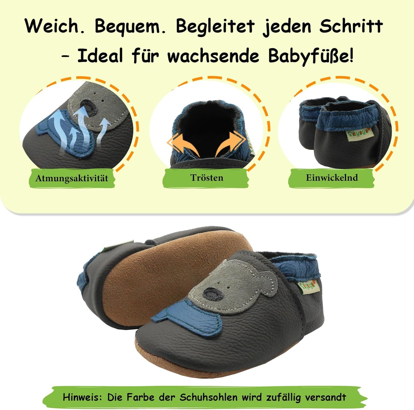 SAYOYO Weicher Leder Lauflernschuhe Krabbelschuhe Babyhausschuhe Kleinkind Lederschuhe Jungen und Mädchen, 21/22 (12-18) L Monate, Grau