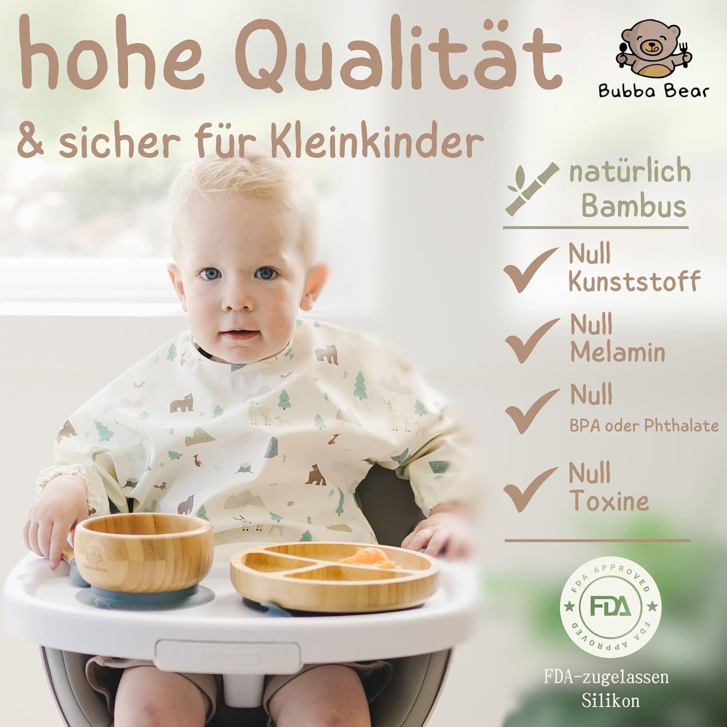 Kindergeschirr-Set | Kinderteller mit Saugnapf | Geschirrset für Kleinkinder | Unterteilter Babyteller | Bambus Babygeschirr mit Löffel fürs Essen und Füttern | Baby Teller