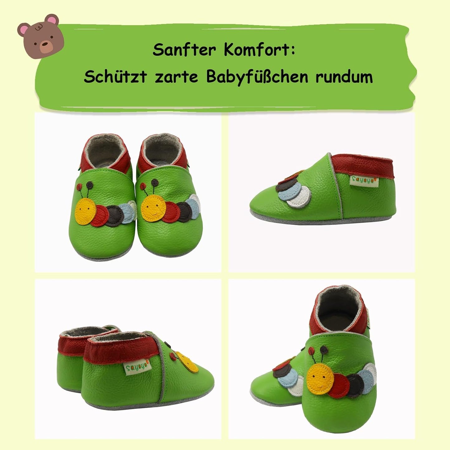 SAYOYO Weicher Leder Lauflernschuhe Krabbelschuhe Babyhausschuhe Kleinkind Lederschuhe Jungen und Mädchen, 21/22 (12-18) L Monate, Grau