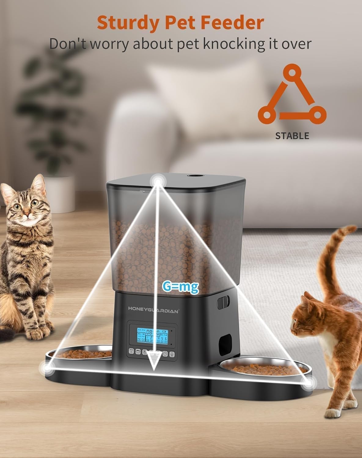 HoneyGuaridan Automatic Cat Feeders for 2 Cats, 3.5L Cat Food Dispenser with Double Bowls,Two Way Splitter Timed Cat Feeder for Dry Food, Programmable 1-6 Meals Control, Dual Power Supply, 10s Call