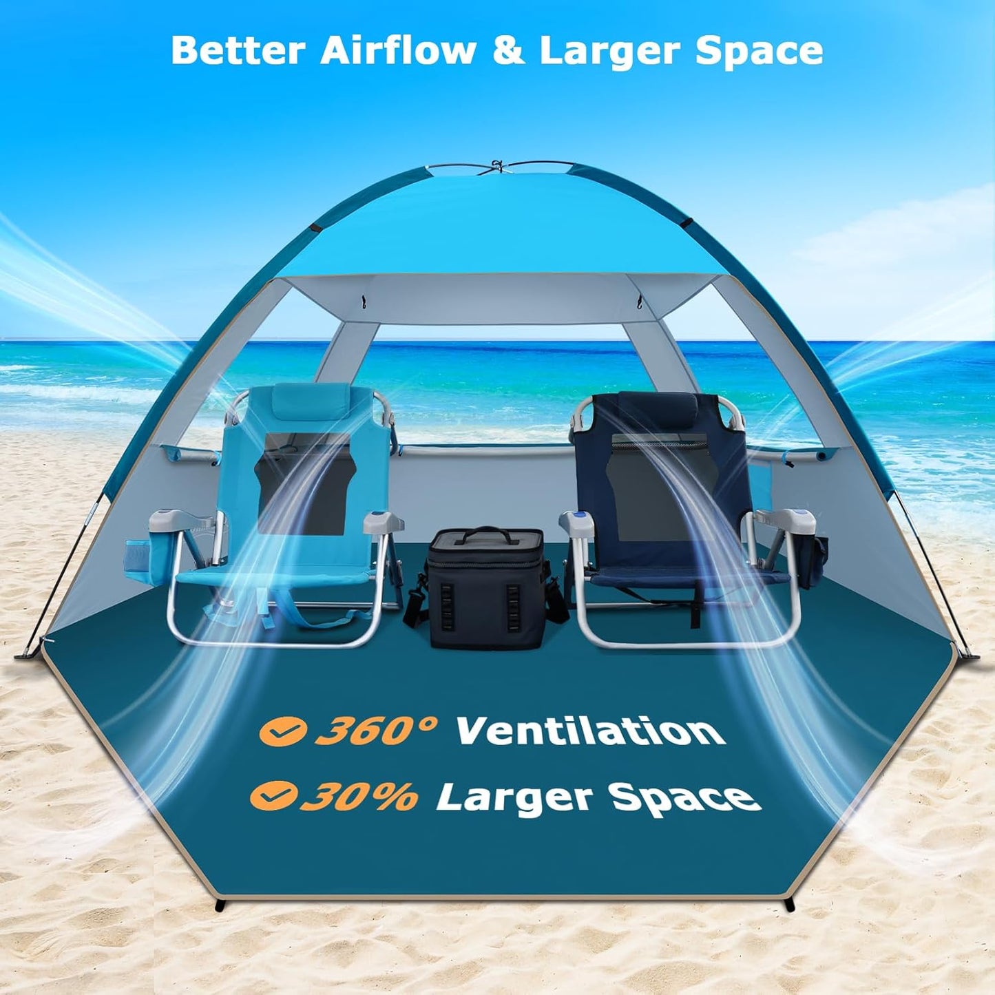 COMMOUDS Strandmuscheln für 3-4 Personen, Tragbarer Strandzelt mit UV-Schutz 50+, Familie Sonnenzelt Strand mit 3 Mesh Fenster, Schnelle Montage, Einfaches Tragen Schirm Strandmuschel für Outdoor