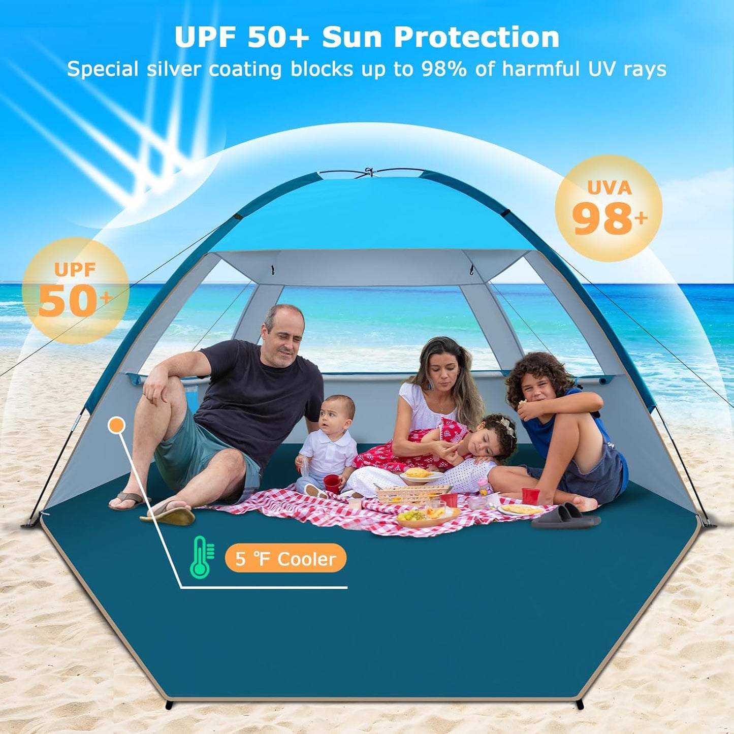 COMMOUDS Strandmuscheln für 3-4 Personen, Tragbarer Strandzelt mit UV-Schutz 50+, Familie Sonnenzelt Strand mit 3 Mesh Fenster, Schnelle Montage, Einfaches Tragen Schirm Strandmuschel für Outdoor
