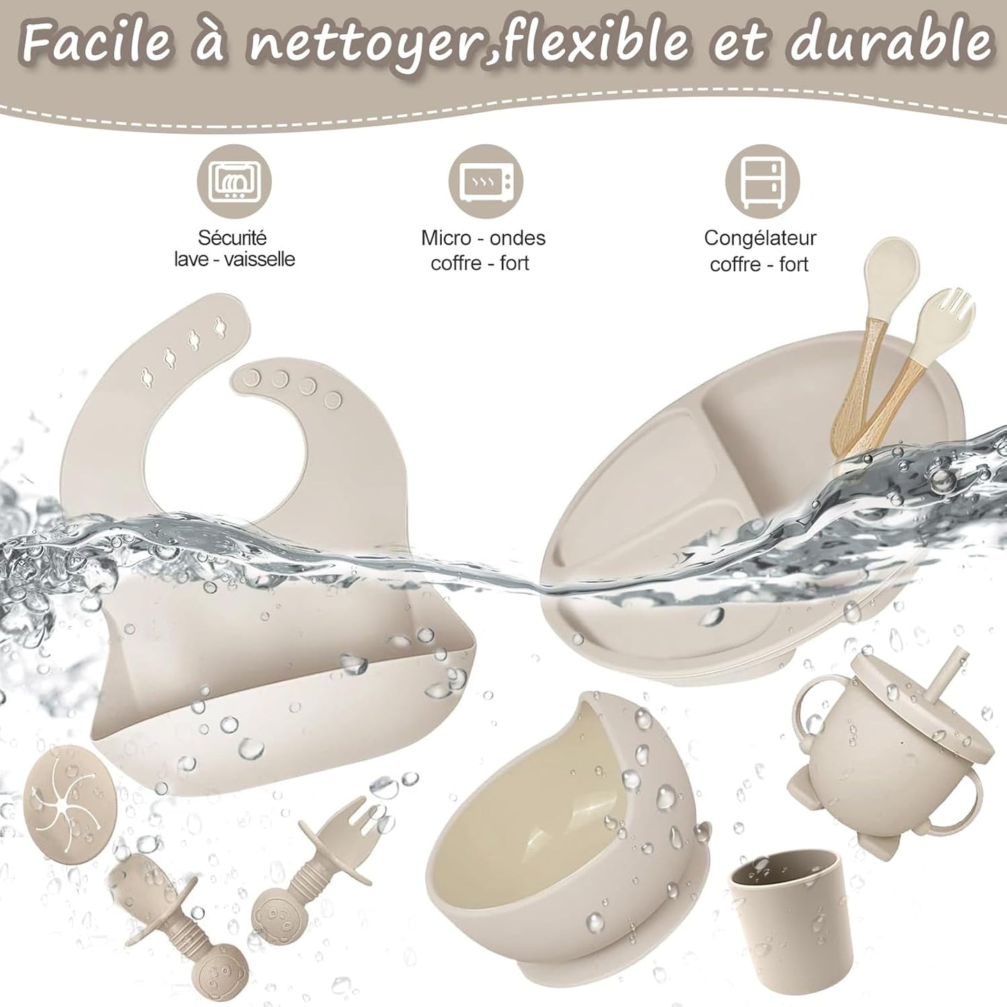 Baby Geschirrset,12er Set Kindergeschirr, Babylöffel,Trinklernbecher,Silikon Lätzchen,Baby Teller Kinderteller mit Saugnapf,Baby Led Weaning Besteck Set, BPA Frei,Spülmaschinen Und Mikrowellen Safe