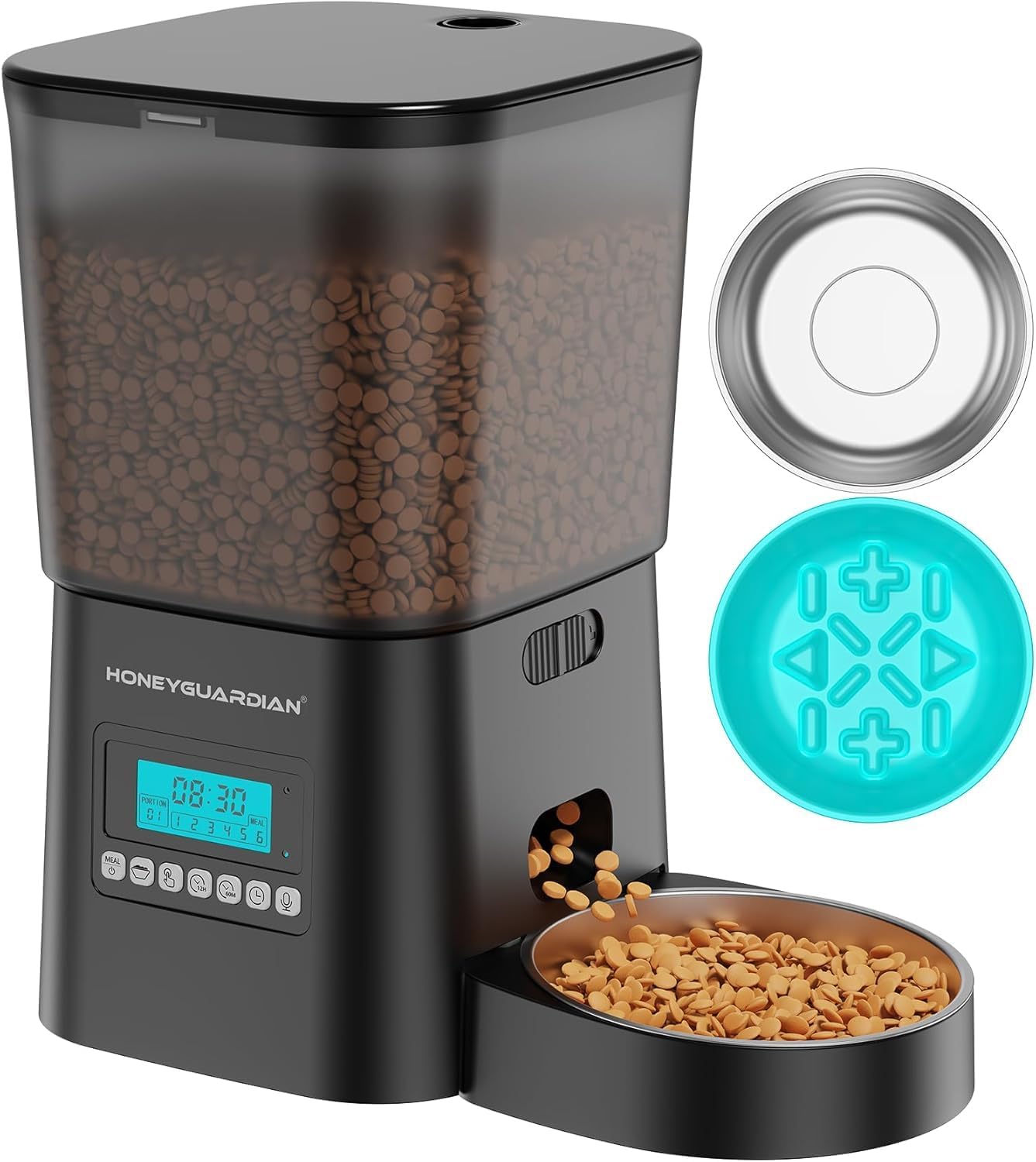 HoneyGuaridan Automatic Cat Feeders for 2 Cats, 3.5L Cat Food Dispenser with Double Bowls,Two Way Splitter Timed Cat Feeder for Dry Food, Programmable 1-6 Meals Control, Dual Power Supply, 10s Call